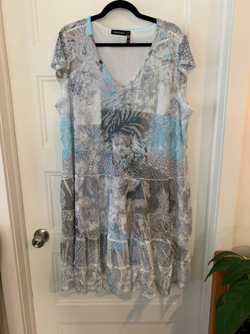 Claire France , light flowy lace Floral V-Neck Dress in turquoise & greys